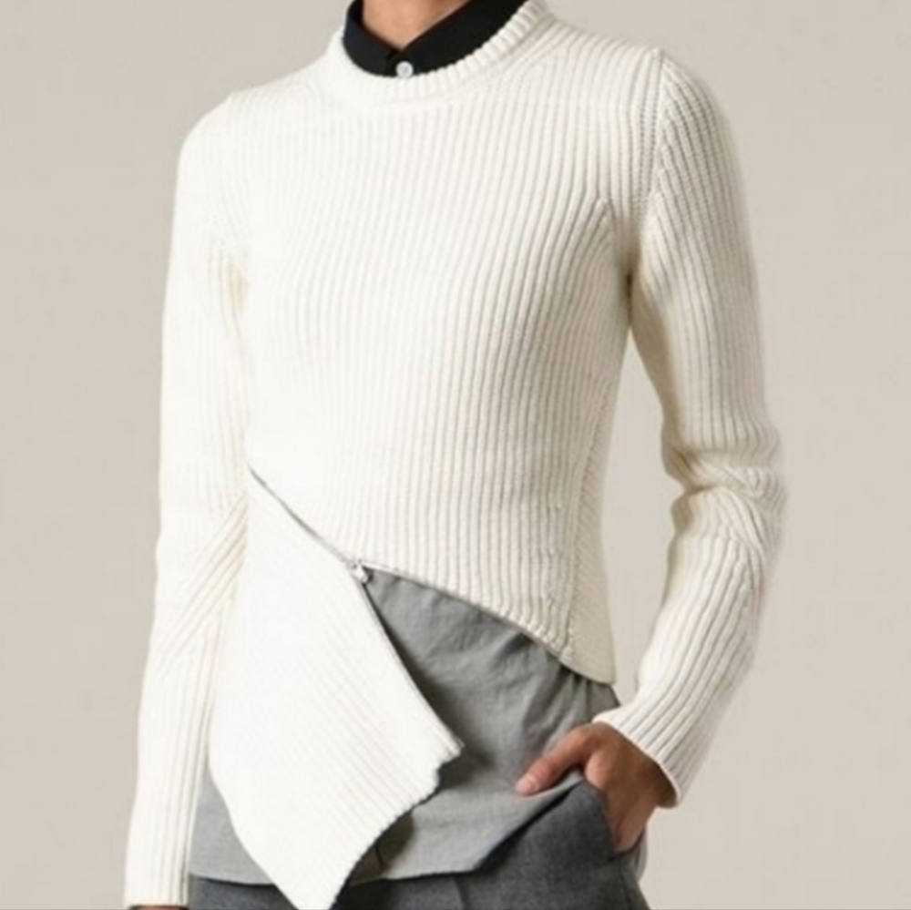 Alexander Wang Asymetric Rib Knit Ivory Sweater Zip Wrap Detail Sz XS Mi…